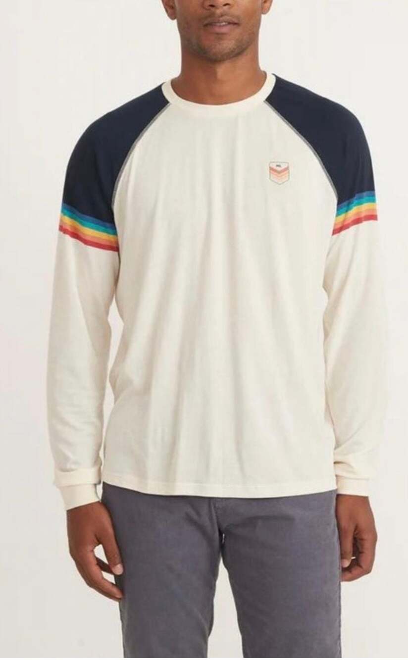 Marine Layer Cream Long Sleeve Tee with Navy Raglan and Rainbow Sleeve Stripes